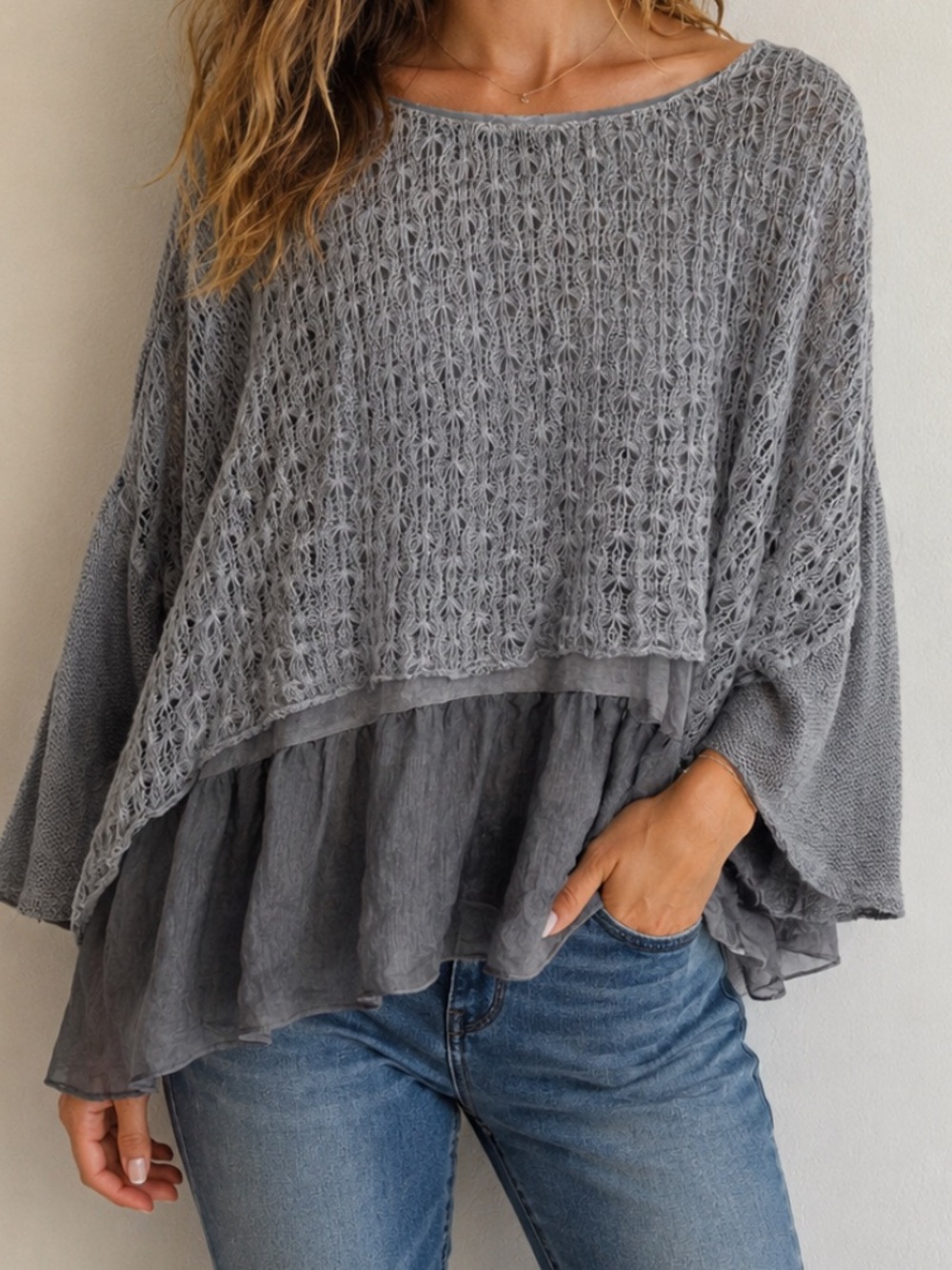 Easel Sweater Womens Large Knit Gray Ruffle Lagenlook